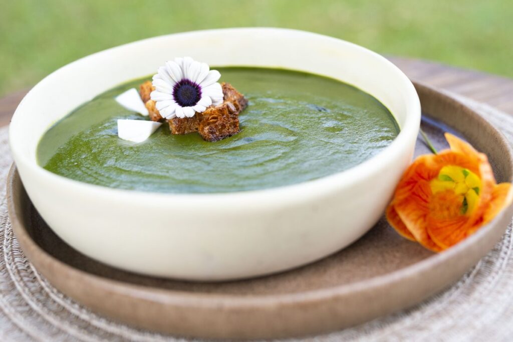 A white bowl of bright green soup topped with a small savoury fritter and a white edible flower, on a wooden plate