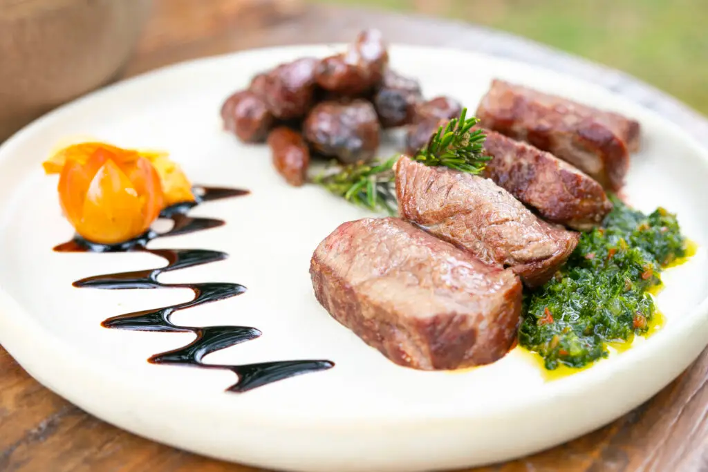 Sliced beef with chimichurri and a squash purée on a white plate